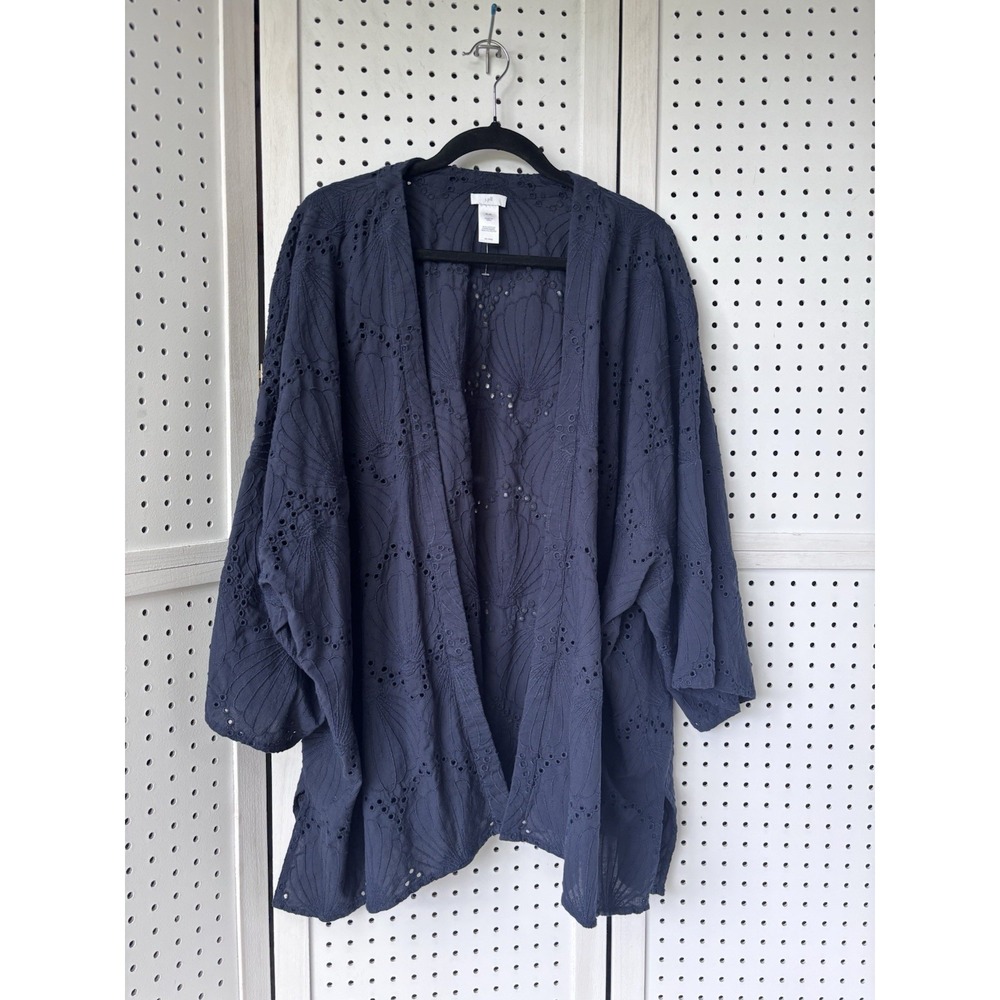 J Jill Women's XL-3X Open Front Cotton Cardigan Navy Blue Eyelet Short SLV